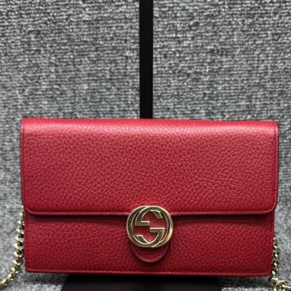 GUCCI Interlocking Wallet On Chain Red Leather Shoulder Bag 499-080725 - Picture 2 of 14